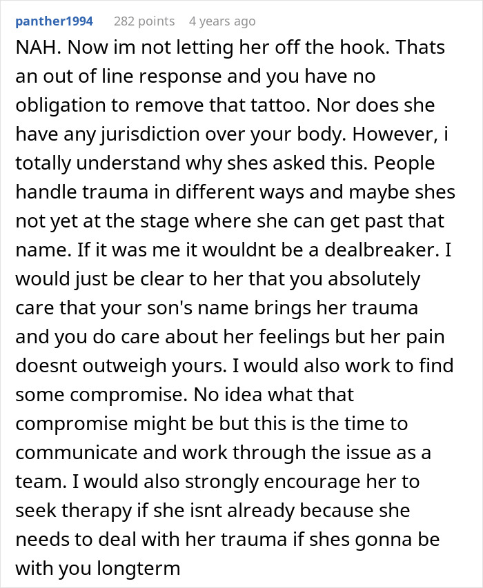 Comment discussing a guy refusing to remove a tattoo of his late son&rsquo;s name and his girlfriend finding it a trigger.