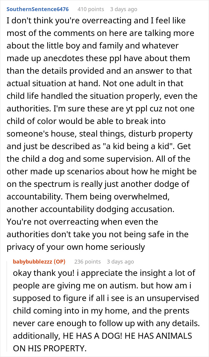 Reddit comments discussing a woman catching neighbor&rsquo;s son in her home and the parents&rsquo; casual reaction.