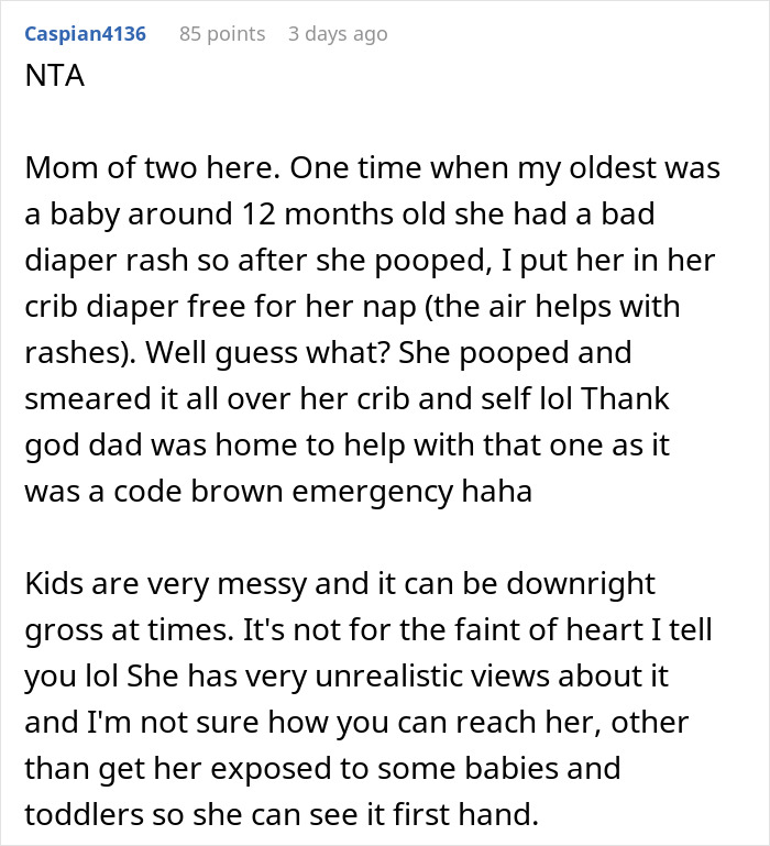 Screenshot of a Reddit comment discussing the messy realities of toddlers and diaper challenges in parenting.