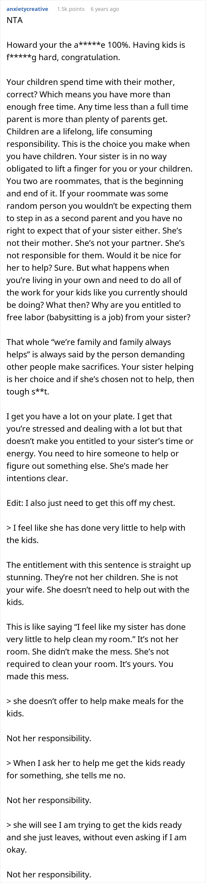 Commenter explaining sister refusing childcare duties is not responsible for the kids or household chores in a family conflict.