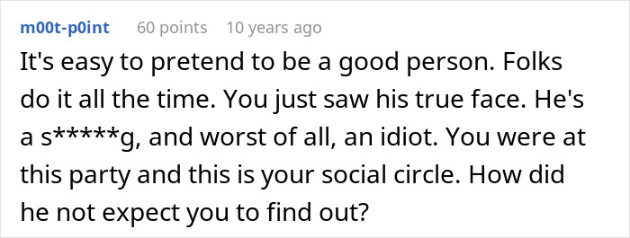 Comment discussing a guy pretending to be single at a party and making excuses when confronted by his girlfriend.