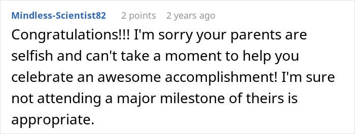 Comment on graduation accomplishment, expressing disappointment over lack of parental support and feeling crushed after mom doubts success.