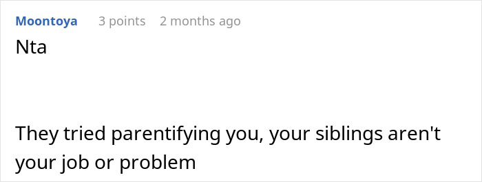 Comment on Reddit about refusing to babysit siblings after being treated like a stranger, discussing family boundaries. Comment on Reddit about refusing to babysit siblings after being treated like a stranger, discussing family boundaries.