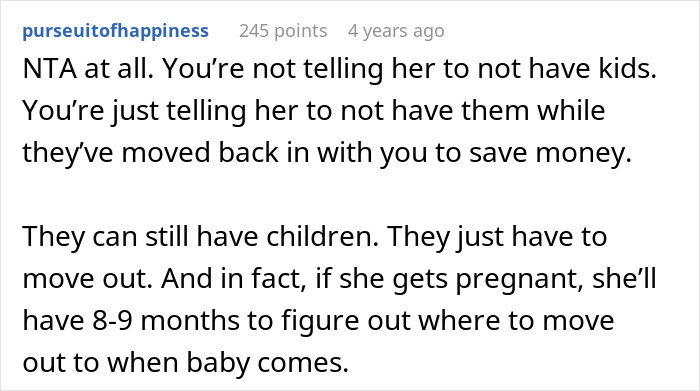 Comment discussing parents forbidding a baby under their roof, causing tension in a relationship with their daughter.