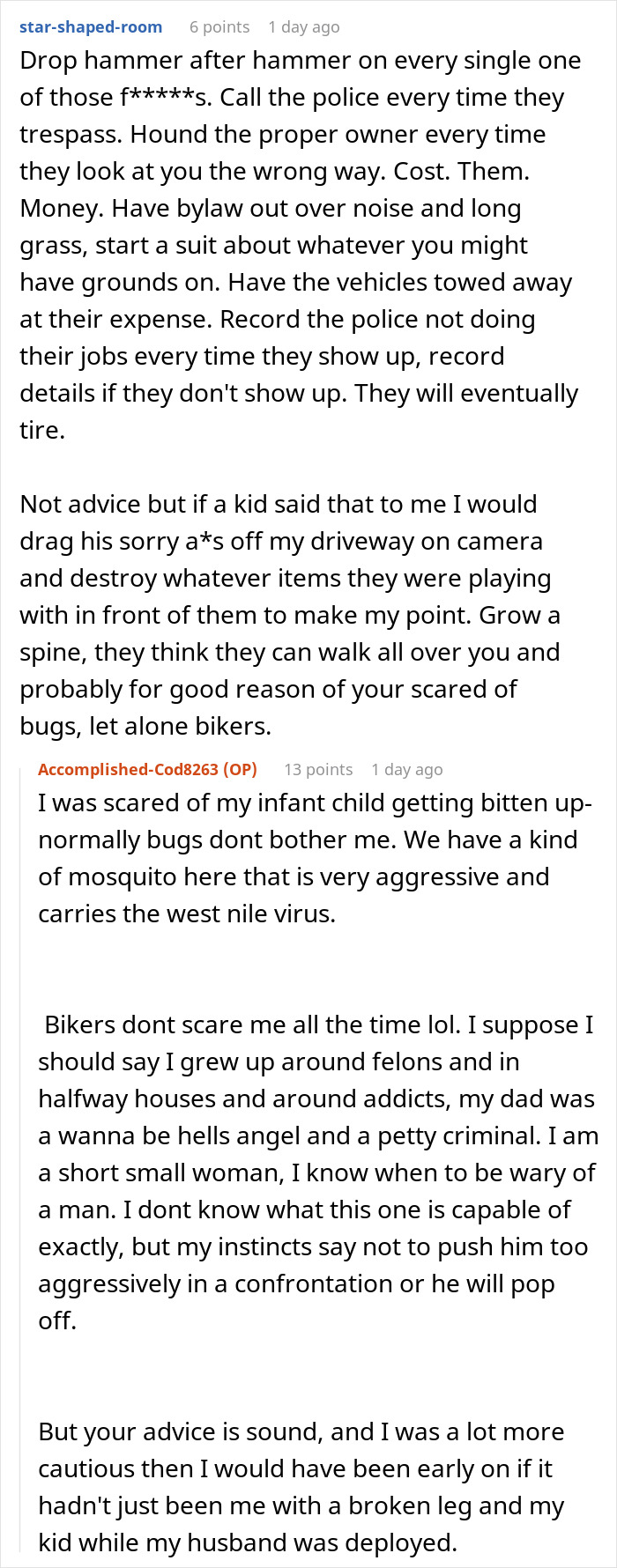 Online discussion about neighbors fighting over driveway and a woman reclaiming what belongs to her.