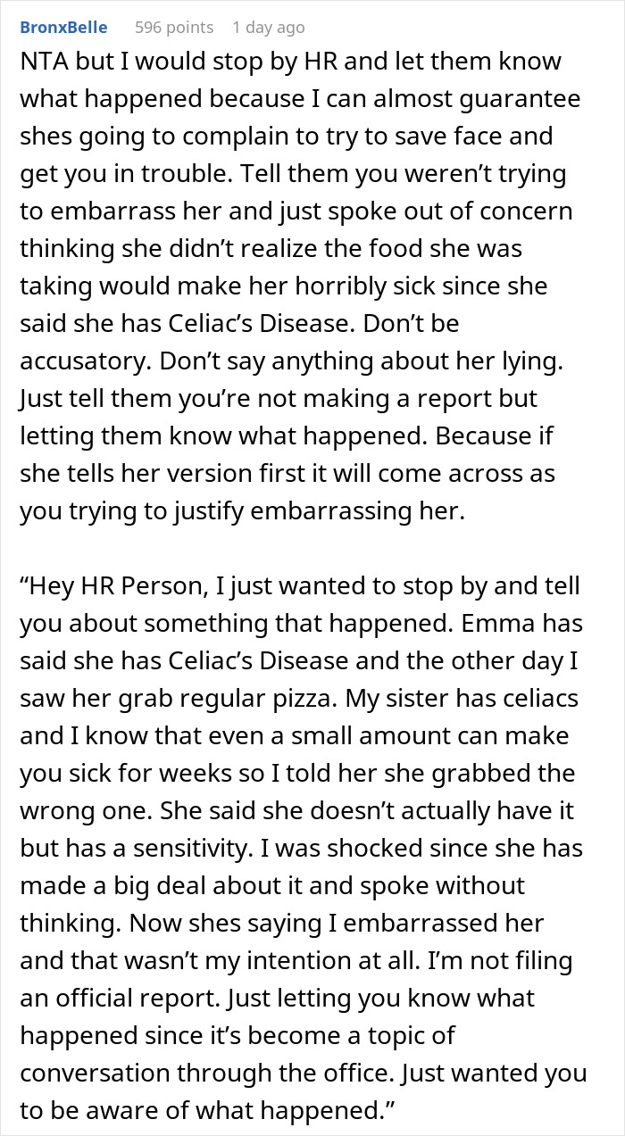 Text conversation discussing a worker calling out gluten-free colleague at a pizza party causing conflict in the workplace. Text conversation discussing a worker calling out gluten-free colleague at a pizza party causing conflict in the workplace.