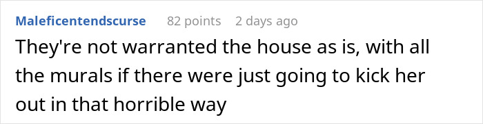 Text comment on a forum discussing the landlord's daughter wanting to claim a cool house but facing an unexpected surprise with murals.