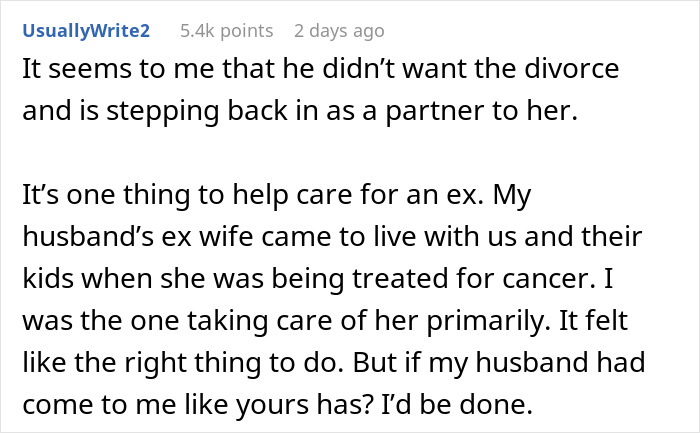 Screenshot of an online comment discussing a woman questioning her marriage after husband leaves to care for his terminally ill ex-wife.