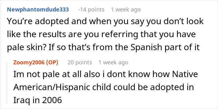 Commenters discussing confusion about DNA test results and adoption, reflecting on mixed heritage and ancestry findings.