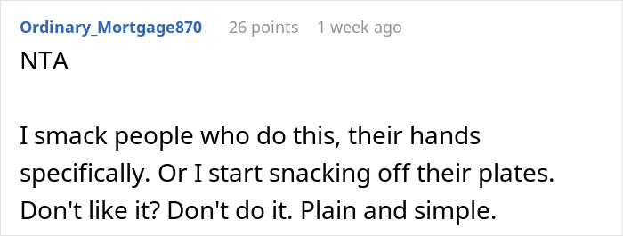 Alt text: Comment about woman frustrated with coworker helping herself to food, reaching a boiling point on birthday discussion