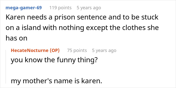 User comments on a forum discussing a person named Karen and a humorous coincidence involving the name.