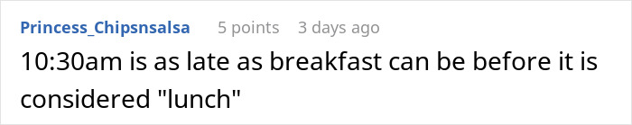 Screenshot of a Reddit comment discussing how 10:30am is late for breakfast, reflecting doubts in a relationship.