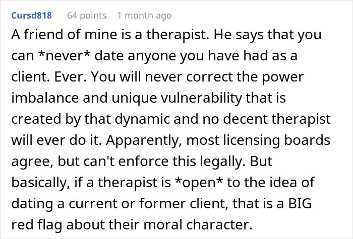Text post about therapist-client boundaries, warning against therapists dating or marrying former clients, highlighting ethical concerns.