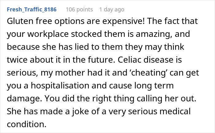 Comment discussing gluten-free options, workplace reactions, and the seriousness of celiac disease at a pizza party. Comment discussing gluten-free options, workplace reactions, and the seriousness of celiac disease at a pizza party.
