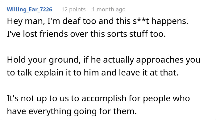 Comment from deaf man sharing experiences about being quiet and advice for handling conversations with others.