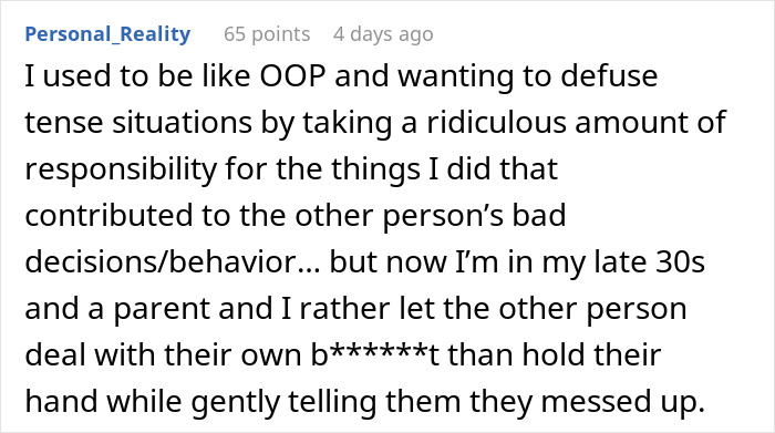 Text post from Personal_Reality discussing personal growth in handling tense family situations and responsibility in late 30s.