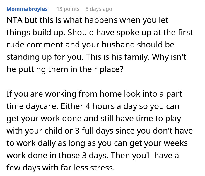 Comment discussing working mom advice on managing daycare and handling in-laws who underestimate her challenges. - 50