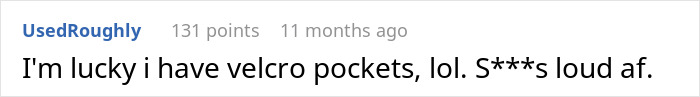 Screenshot of a user comment humorously mentioning velcro pockets and loud noises, illustrating common tourist traps.