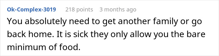 Comment about American family restricting food for 19-year-old nanny from abroad, highlighting unfair treatment and food limitations.