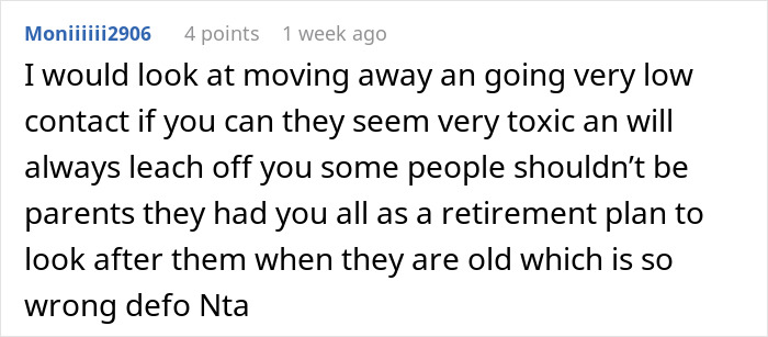 Comment discussing elderly parents expecting daughter support after squandering savings on bad business schemes. Comment discussing elderly parents expecting daughter support after squandering savings on bad business schemes.