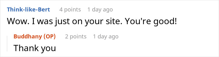 Screenshot of an online comment thread where a user praises a site and the original poster replies with thanks.