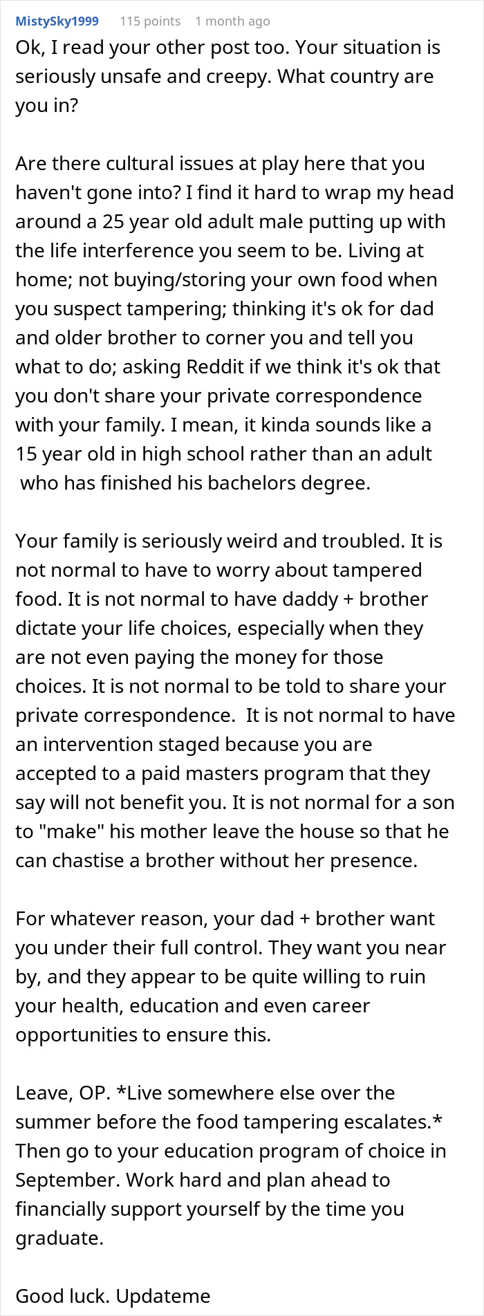 Reddit comment warning about unsafe family behavior and suspected food tampering by dad causing sickness every time food is eaten.