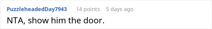 Screenshot of an online comment saying “NTA, show him the door” related to man demanding divorce from fat and lazy wife. Screenshot of an online comment saying “NTA, show him the door” related to man demanding divorce from fat and lazy wife.