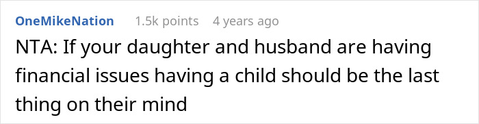 Screenshot of a Reddit comment discussing parents forbidding their daughter to have a baby under their roof.
