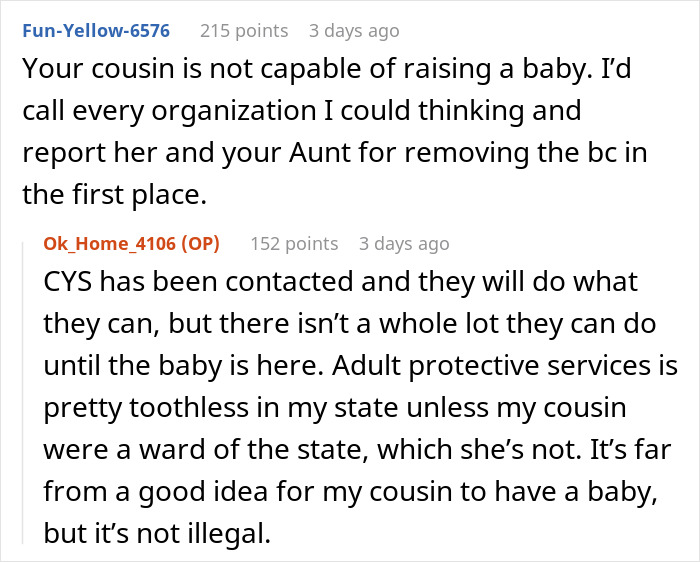 Discussion thread showing comments about a family feud over a disabled daughter encouraged to get pregnant by her mother.