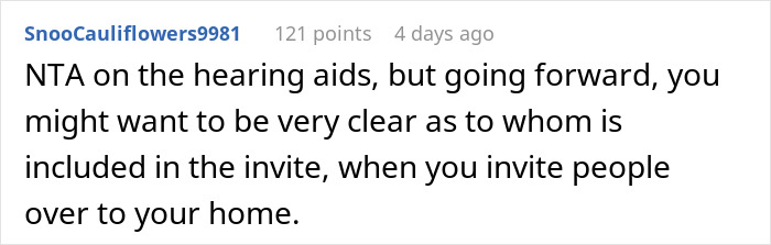 Reddit comment discussing hearing aids and setting boundaries when inviting friends over at home.