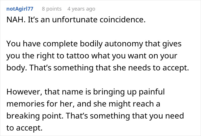 Text discussing a guy refusing to remove a tattoo of his late son&rsquo;s name while his girlfriend finds it a trigger.