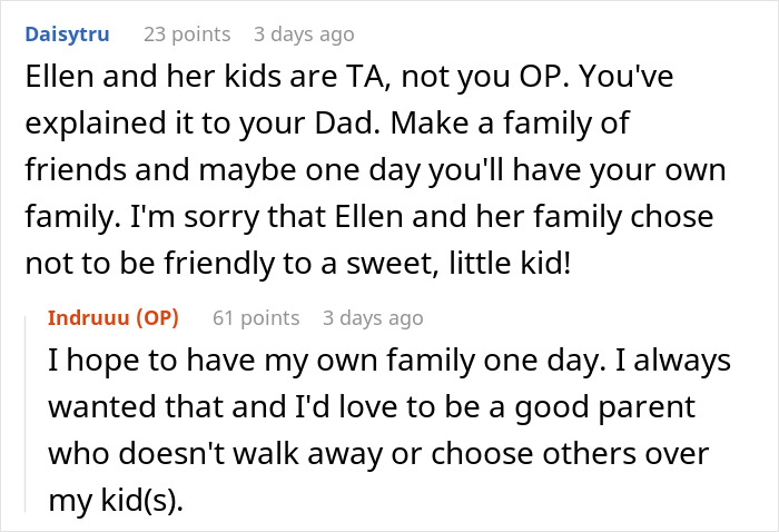 Online discussion about a 20-year-old refusing family dinner after years of stepsibling rejection and dad's indifferent reaction.