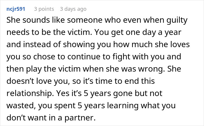 Comment discussing doubts in a relationship after a man expects special treatment from his girlfriend on his birthday.