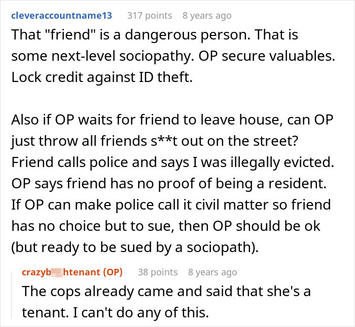 Reddit user warns about dangerous friend planting belongings to prove she lives in house, discussing eviction and legal risks.