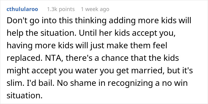 Comment discussing challenges of winning over fiancee&rsquo;s kids and recognizing a no-win situation in blended families.