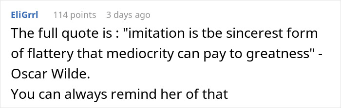Screenshot of a forum comment discussing imitation and mediocrity in response to a woman confronting brother&rsquo;s fianc&eacute;e about copying wedding dress.