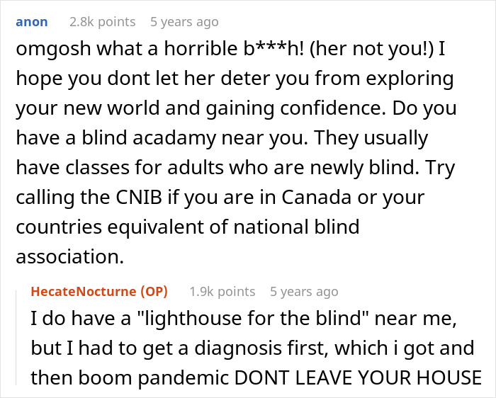 Comment section discussion about a kid steals blind cane and advice on blind academies and support organizations.