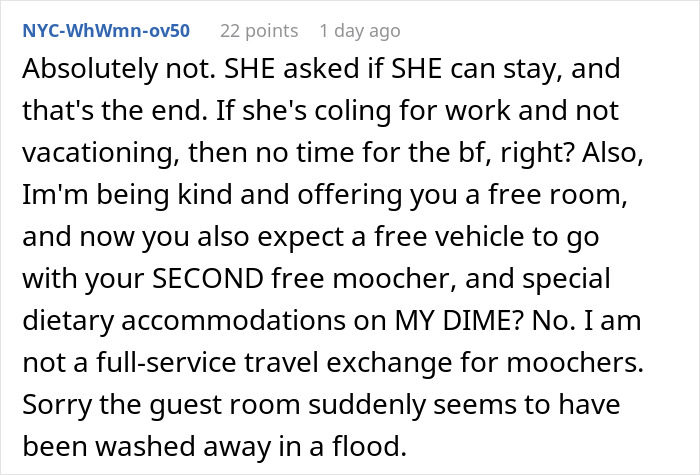 Text comment discussing frustrations of hosting an old friend with wild requests, relating to couple regrets. Text comment discussing frustrations of hosting an old friend with wild requests, relating to couple regrets.