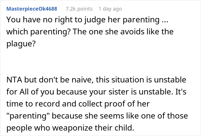 Comment discussing unstable parenting and advice on collecting proof in a 19-year-old raising sister&rsquo;s kid situation.