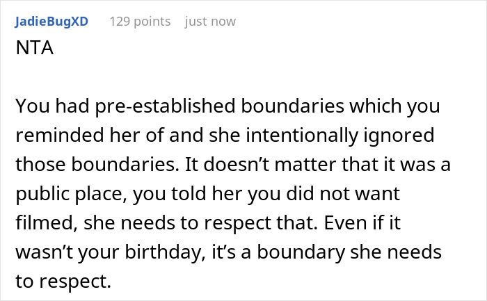 Comment discussing boundary respect after self-proclaimed influencer tries filming SIL at birthday dinner.