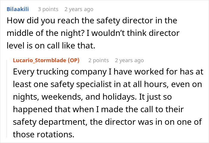Screenshot of a Reddit conversation about contacting a safety director in a trucking company during off hours.