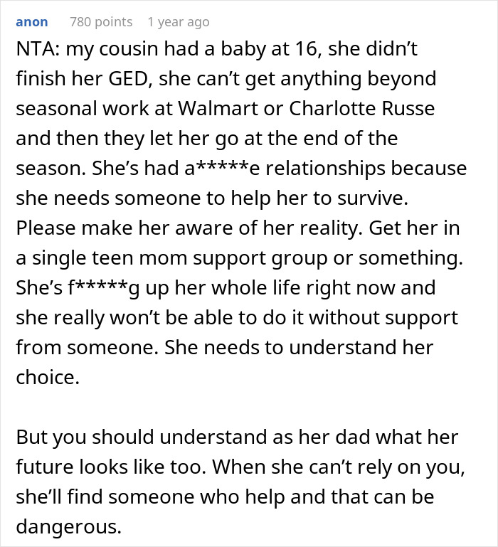 Comment discussing challenges faced by a teen insisting on keeping her baby and lack of support from the dad.