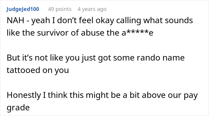 Forum comment discussing refusal to remove tattoo of late son's name and its emotional impact on girlfriend.