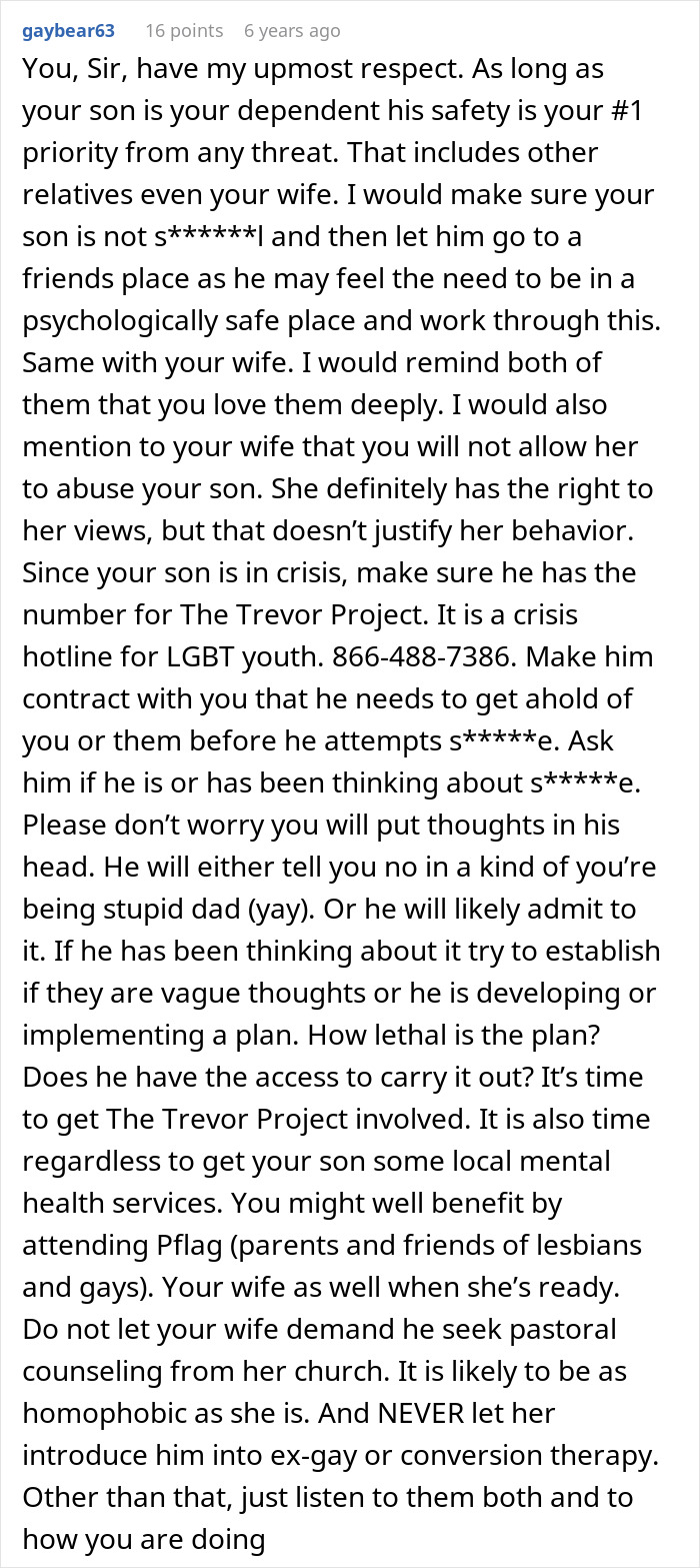 Comment advising dad on supporting gay son during family crisis, emphasizing safety and mental health resources.