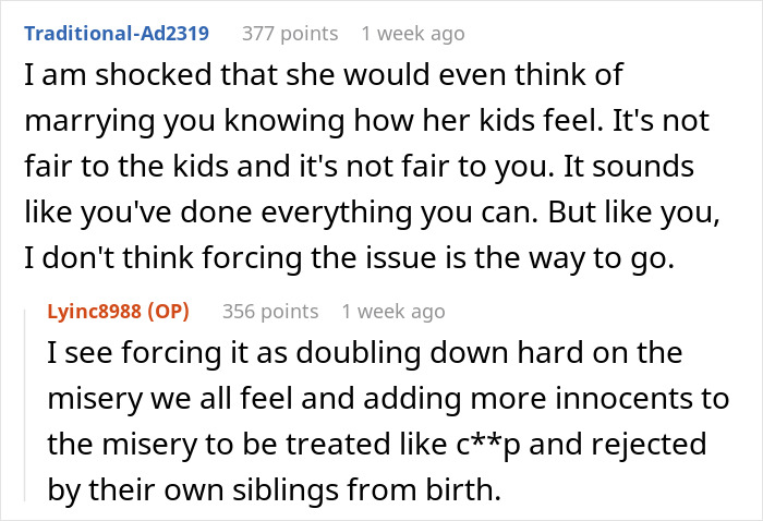 Online comments discussing a man&rsquo;s struggle to win over fiancee&rsquo;s kids and his decision to break up after years.