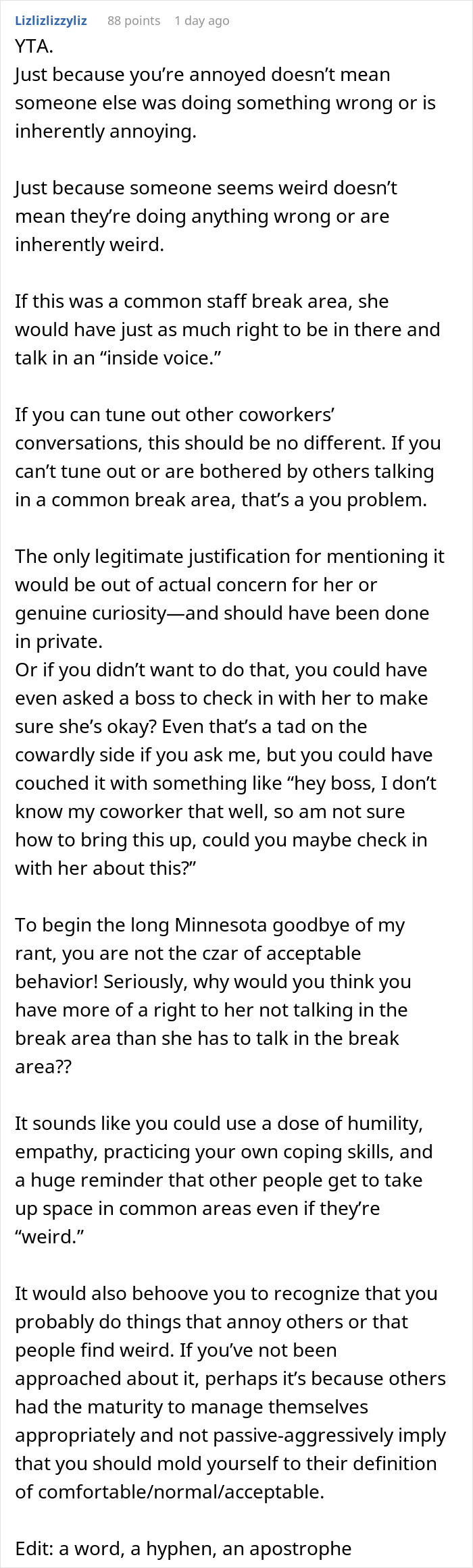 Text comment discussing worker confronts woman over bizarre lunchtime ritual and office criticism conflict in detail.