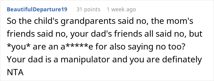 Comment stating the family refuses future caregiving role for autistic stepbro, and the person also says no way, labeled NTA.