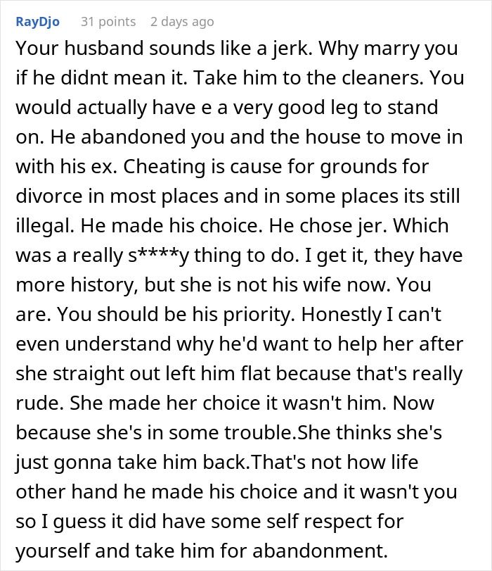 Comment discussing a woman questioning her marriage after husband leaves to care for his terminally ill ex-wife.