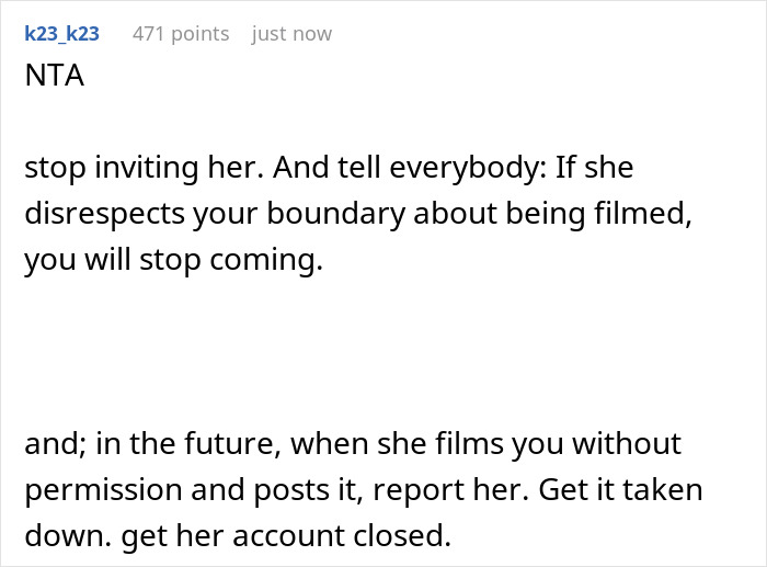 Comment advising to stop inviting self-proclaimed influencer who films sister-in-law without permission at birthday dinner.