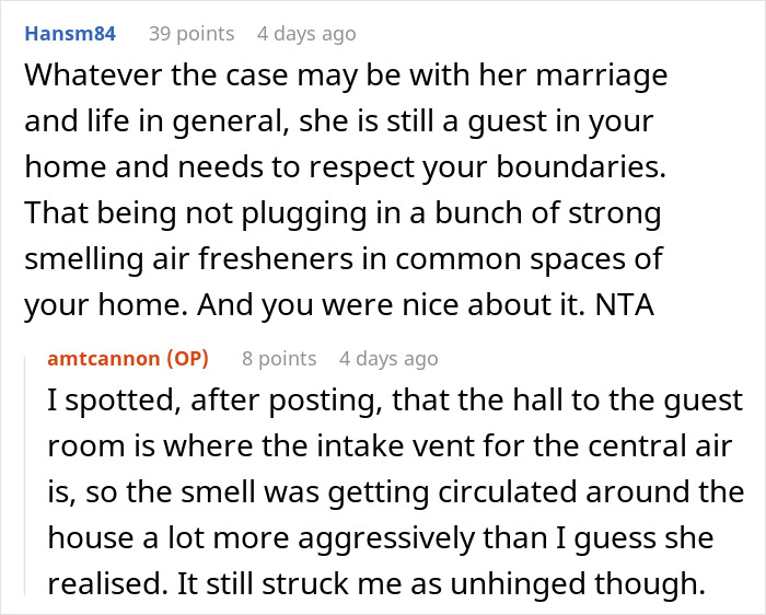 Reddit comments discussing a family hosting a divorcing friend who floods the home with nasty scents and air fresheners.